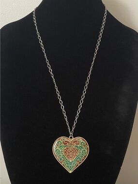 Heart Pendant Long Necklace - Green and Brown Enamel Design
